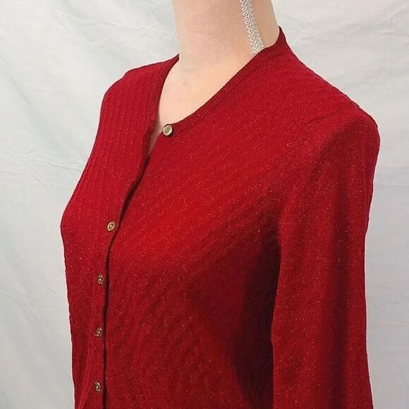 Dana Buchman Red Metallic Gold Chevron Knit Button Up Cardigan Medium - Picture 13 of 15